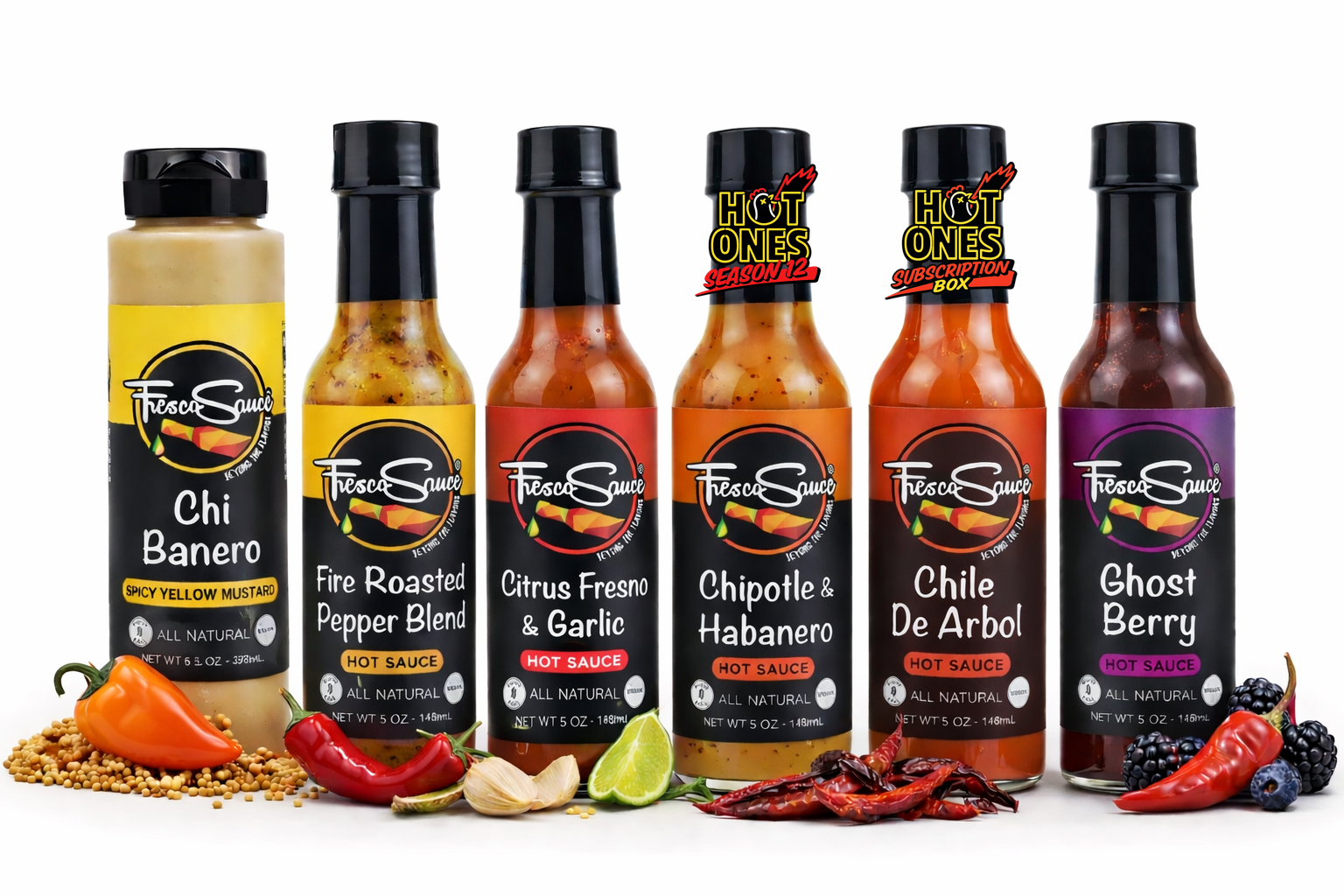 Fresco King hot sauce six pack bundle featuring habanero and chile de arbol glass bottles — view 2