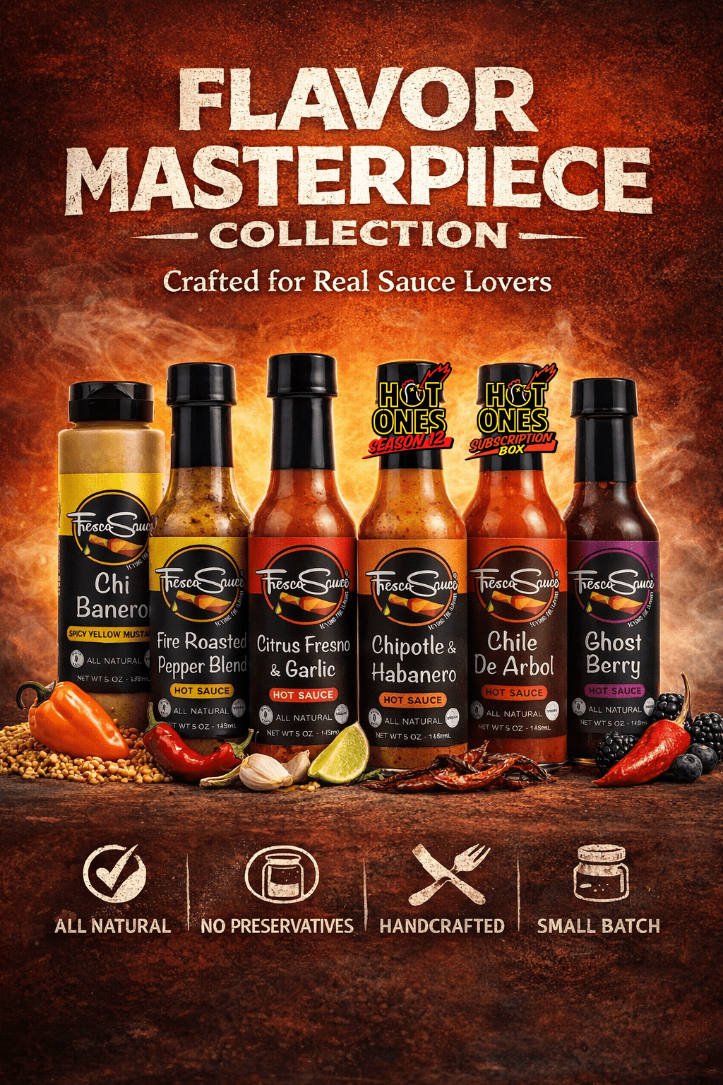 Fresco King hot sauce six pack bundle featuring habanero and chile de arbol glass bottles