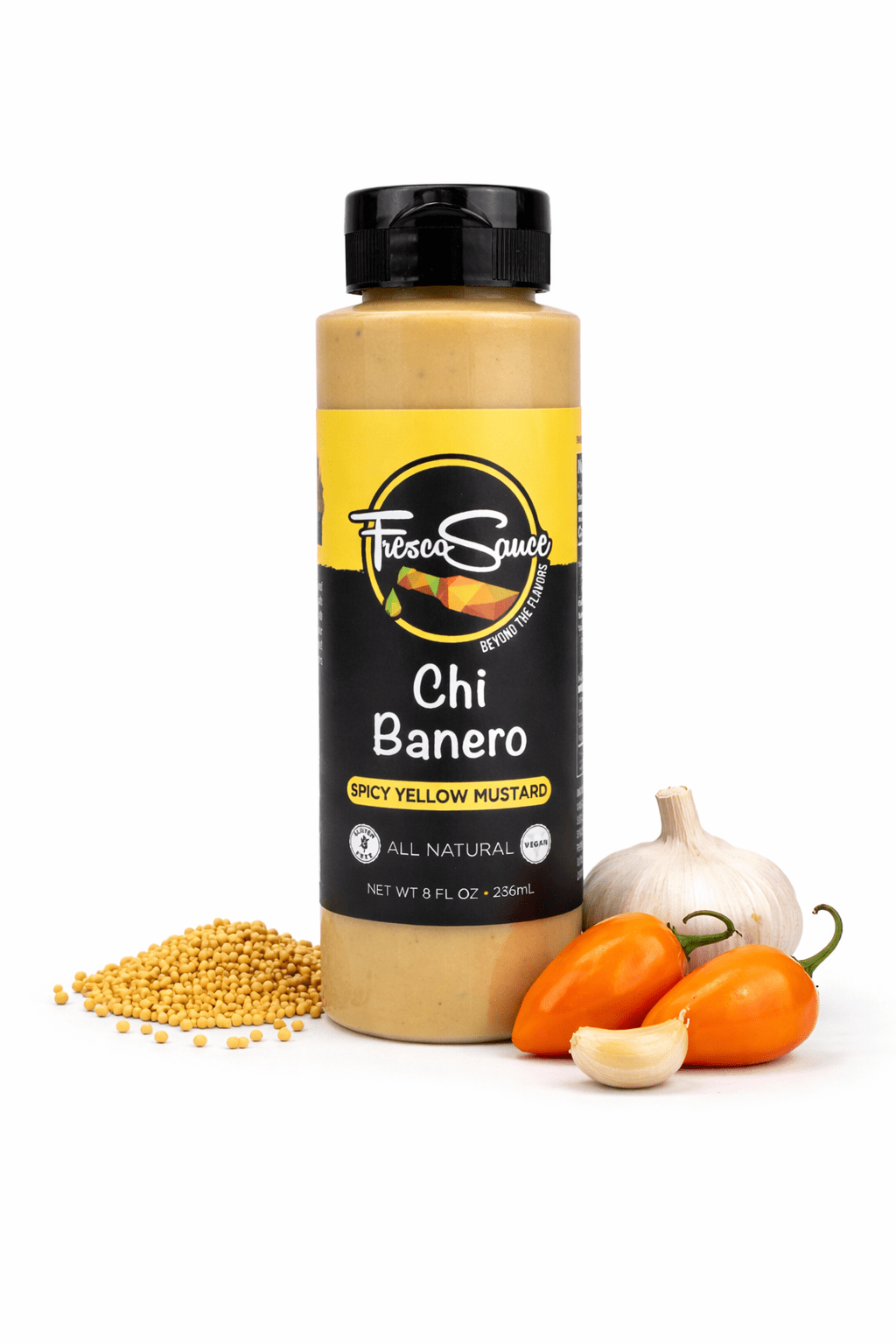Habanero duet condiment set with two bottles of spicy yellow mustard and orange hot sauce — view 2