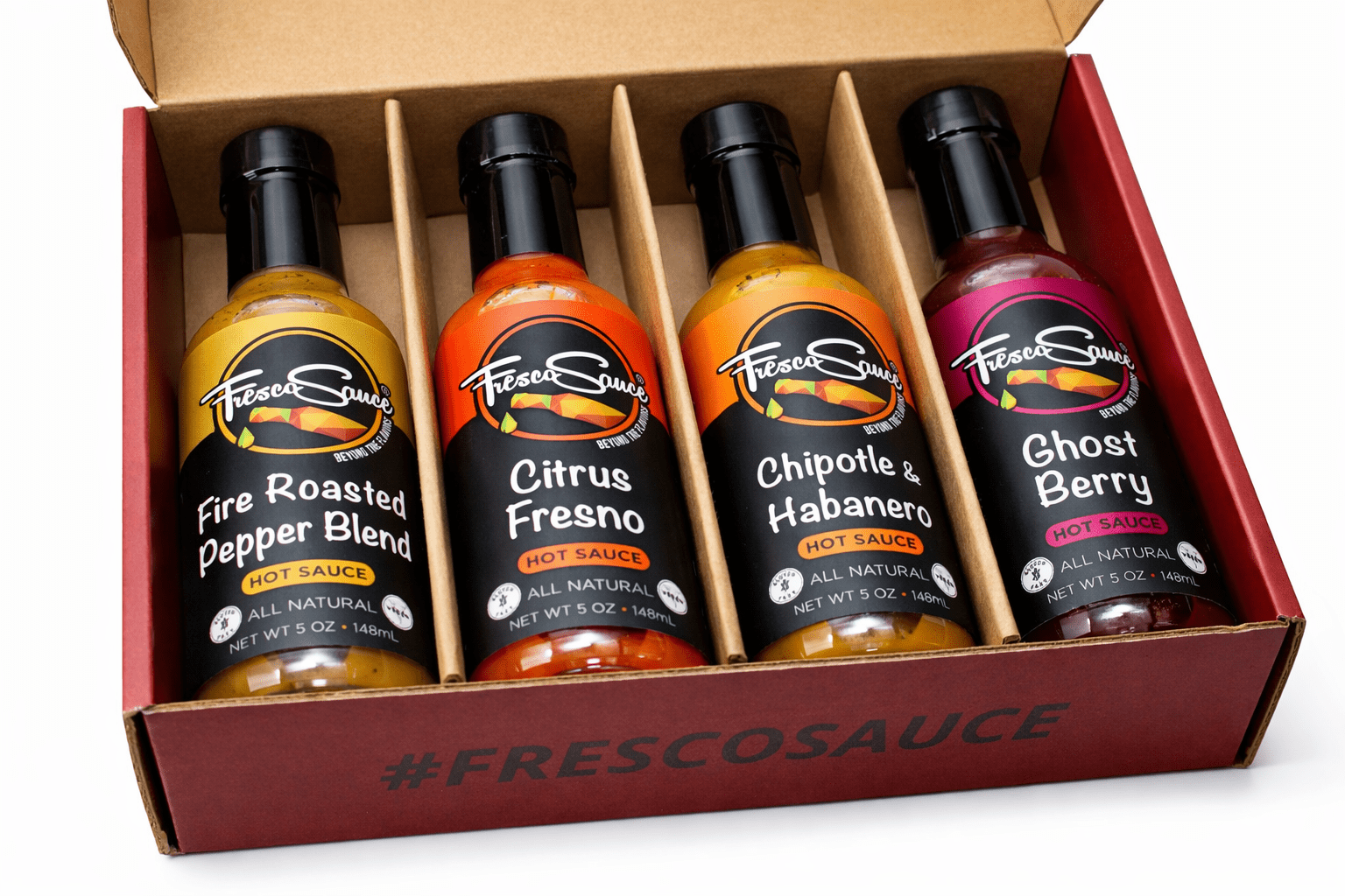 Custom 4-pack gourmet hot sauce gift box displaying four glass artisan bottles inside. — view 3