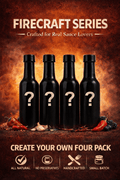 Custom 4-pack gourmet hot sauce gift box displaying four glass artisan bottles inside.