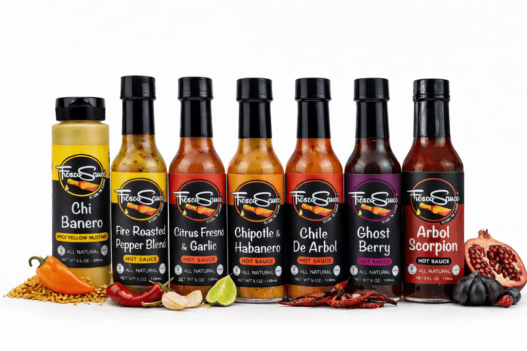 Custom 4-pack gourmet hot sauce gift box displaying four glass artisan bottles inside. — view 2
