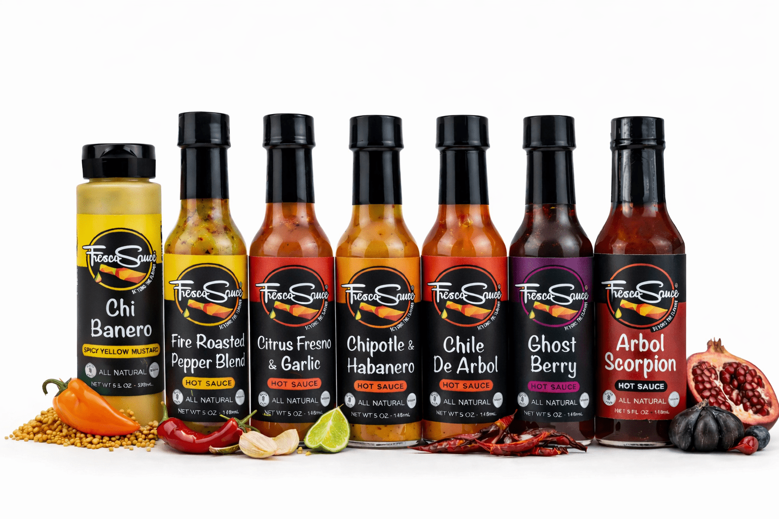 Custom 4-pack gourmet hot sauce gift box displaying four glass artisan bottles inside. — view 2