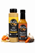 Habanero duet condiment set with two bottles of spicy yellow mustard and orange hot sauce