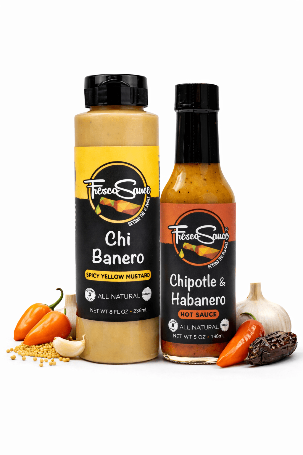 Habanero duet condiment set with two bottles of spicy yellow mustard and orange hot sauce