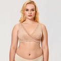 Front crossover wireless nursing bra in soft stretch fabric for easy maternity and breastfeeding access