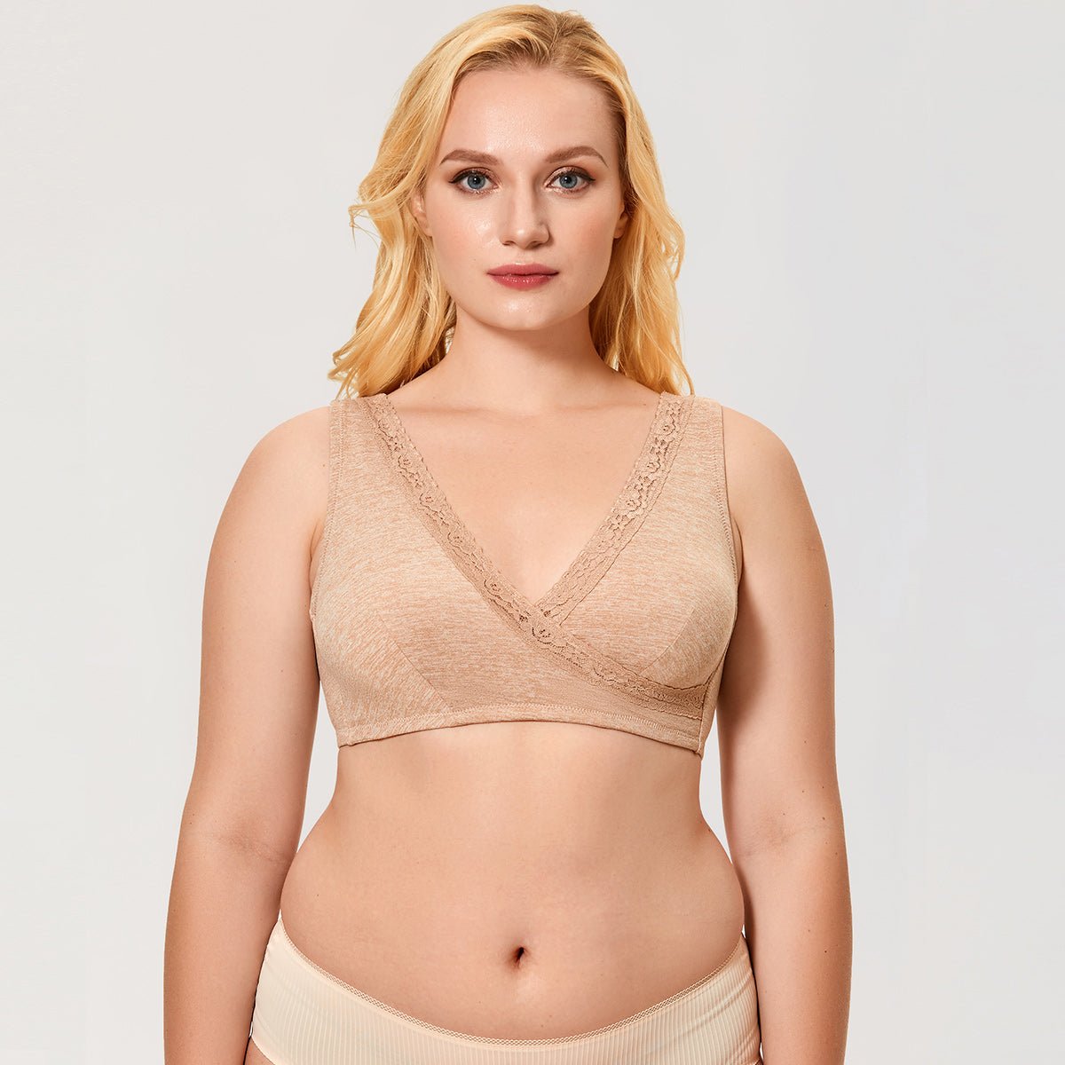 Front crossover wireless nursing bra in soft stretch fabric for easy maternity and breastfeeding access
