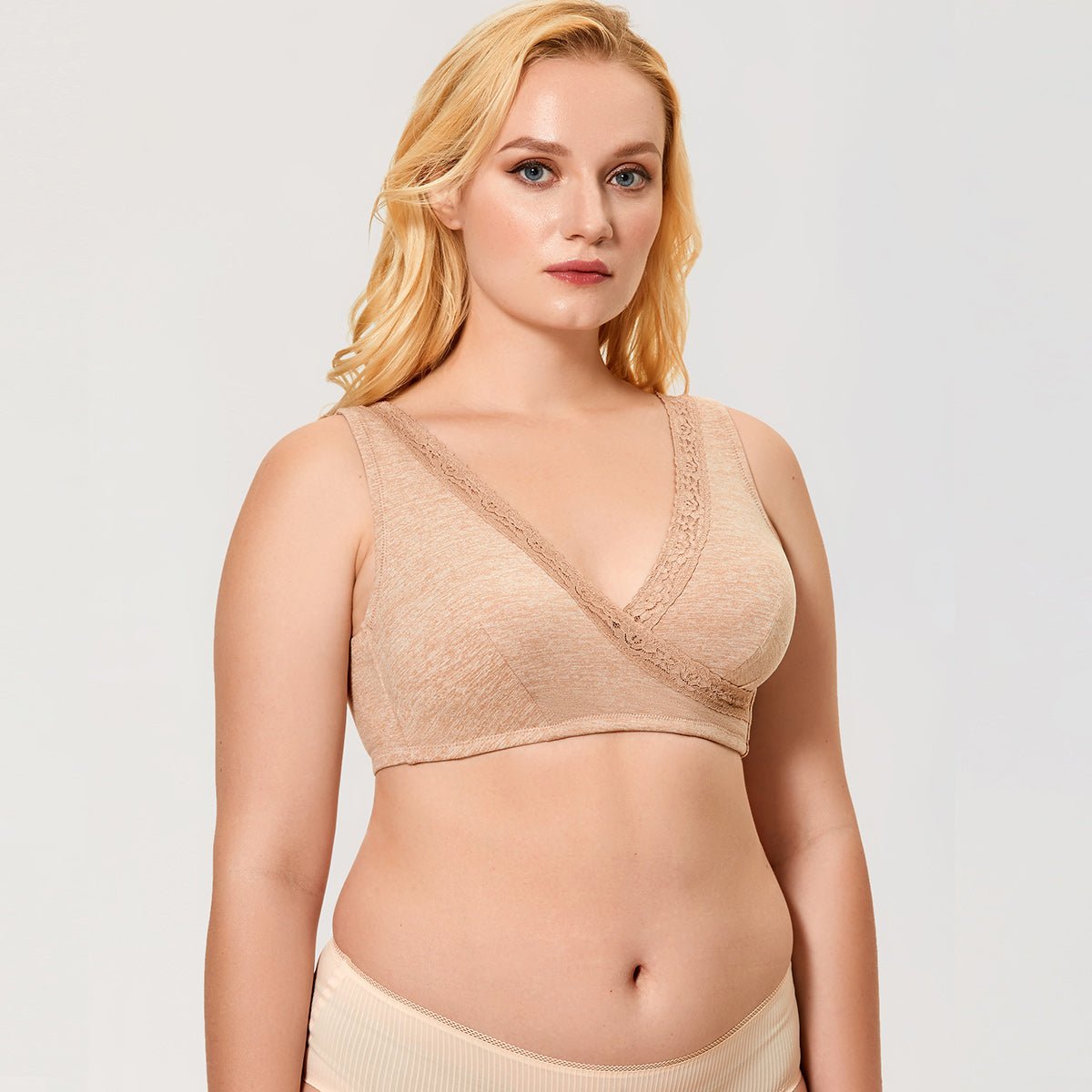 Front crossover wireless nursing bra in soft stretch fabric for easy maternity and breastfeeding access — view 2