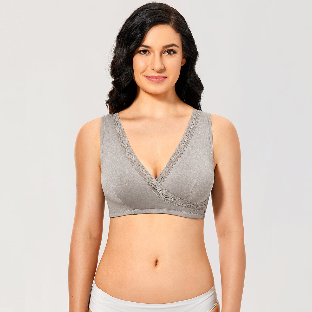 Front crossover wireless nursing bra in soft stretch fabric for easy maternity and breastfeeding access — view 4