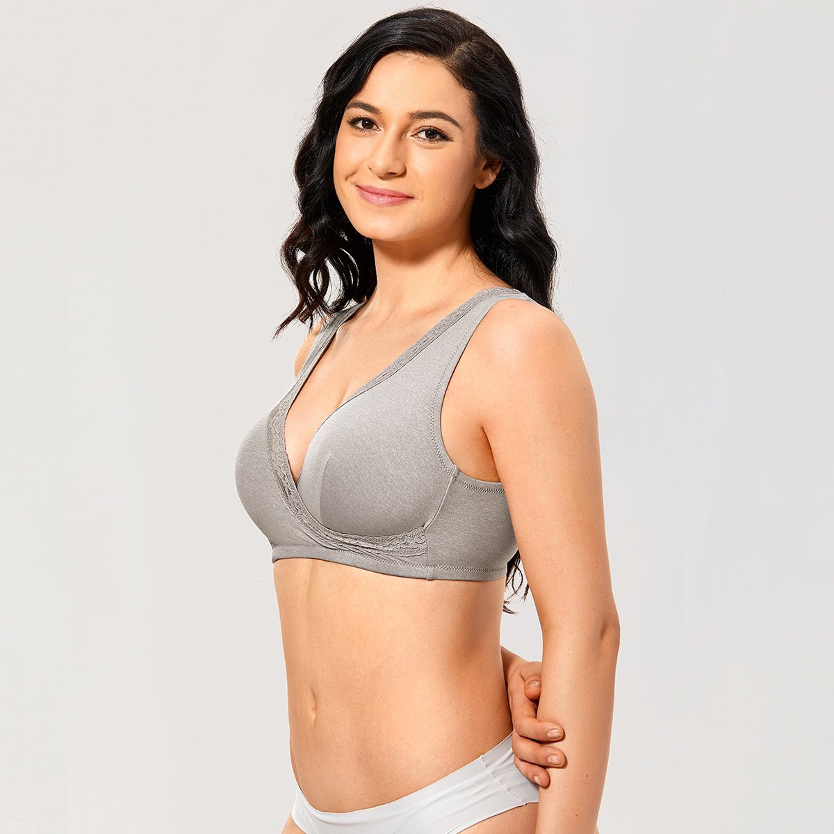 Front crossover wireless nursing bra in soft stretch fabric for easy maternity and breastfeeding access — view 5