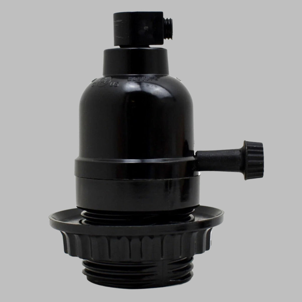 Black vintage E27 replacement lamp socket with smooth turn knob and threaded body rings — view 5