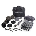 21-piece car detailing kit featuring gray drill brushes, wash mitt, microfiber towel, and storage bag