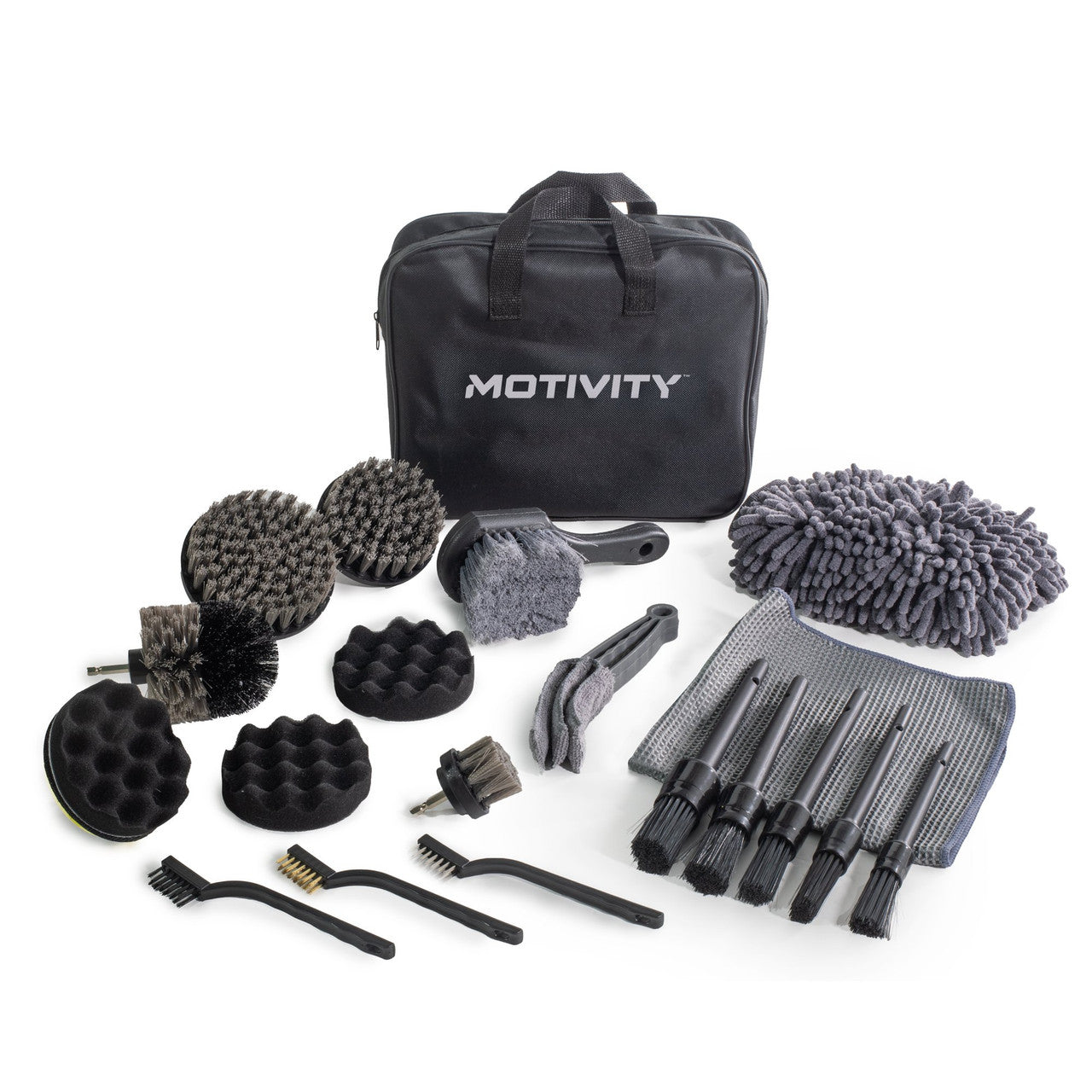 21-piece car detailing kit featuring gray drill brushes, wash mitt, microfiber towel, and storage bag