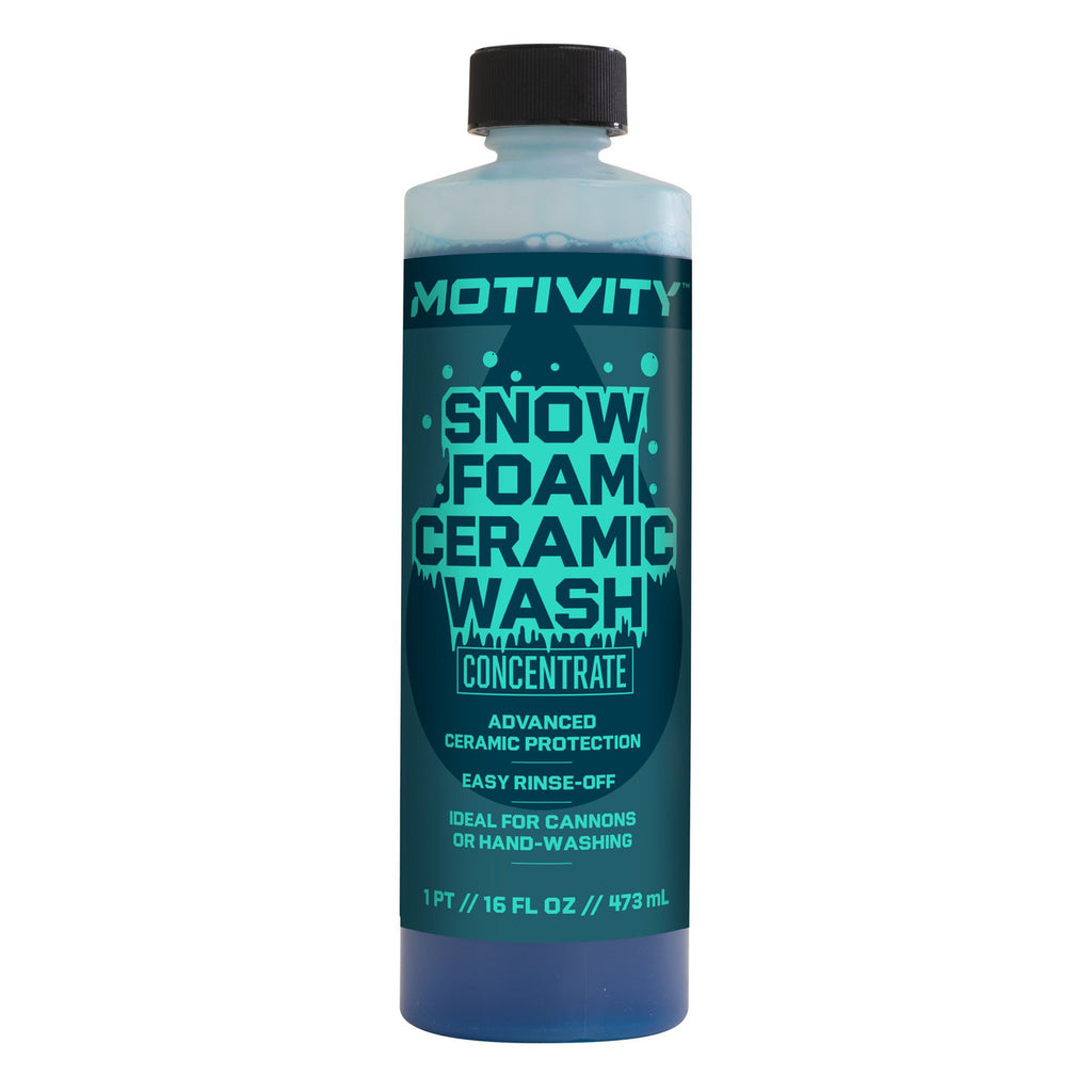 Motivity ceramic car wash soap bottle, concentrated snow foam in a 16 oz fresh linen scent