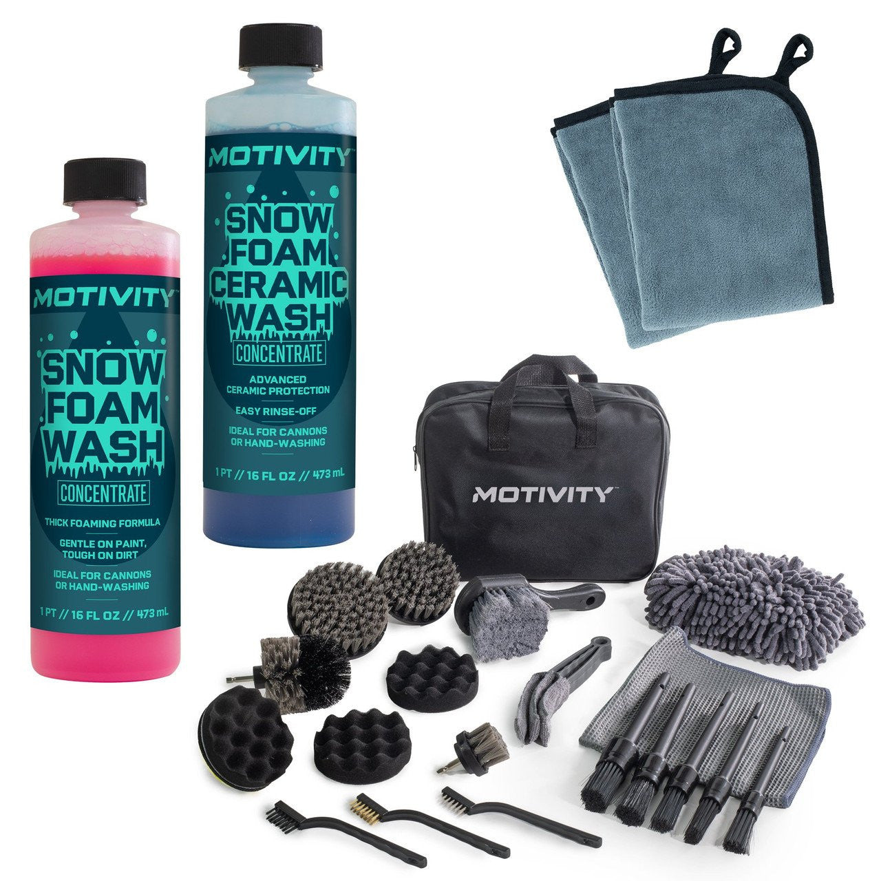 Dual foaming car wash kit with ceramic snow foam bottles and 21-piece detailing tool set