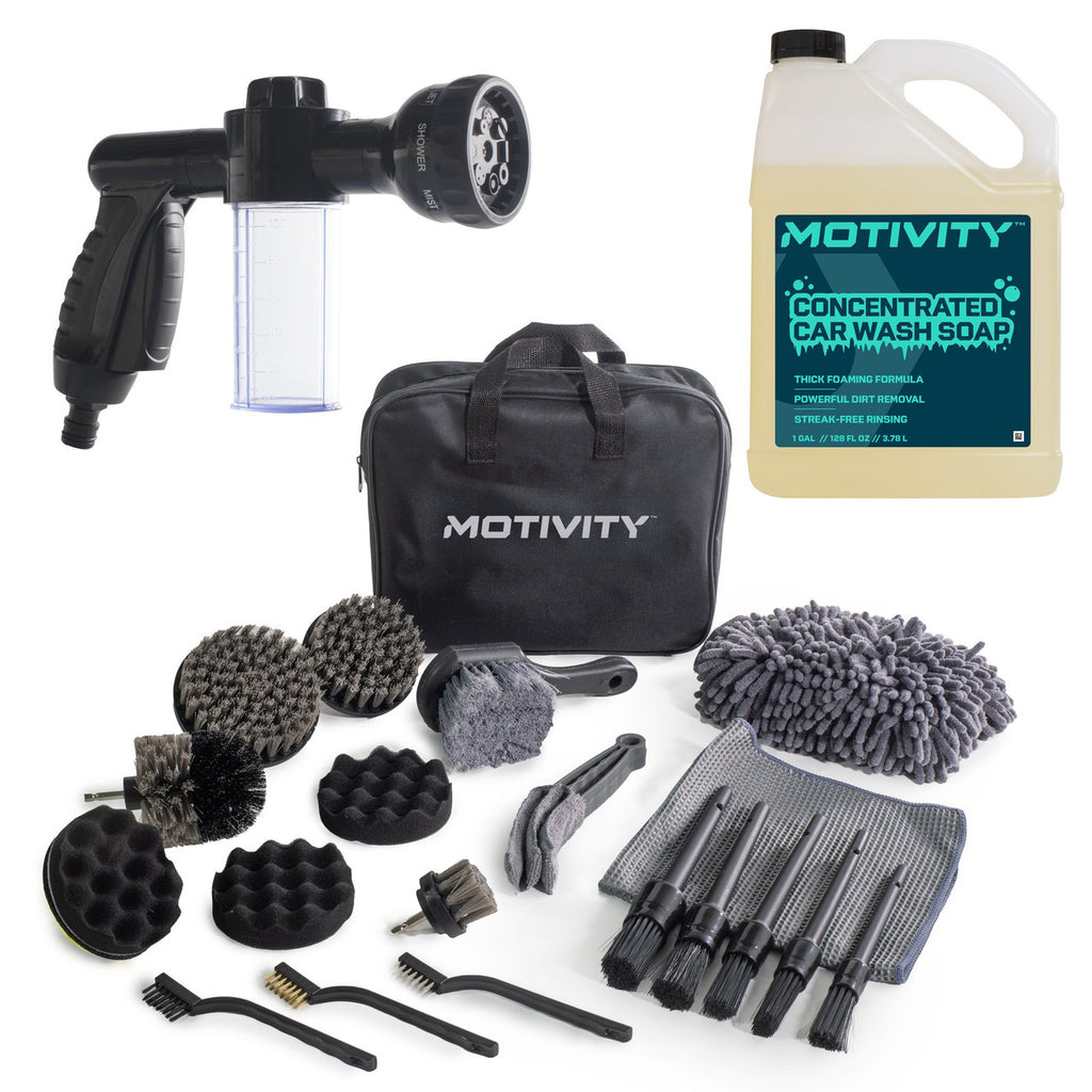Motivity car wash and detailing kit with gallon soap spray nozzle and 21 piece brush set
