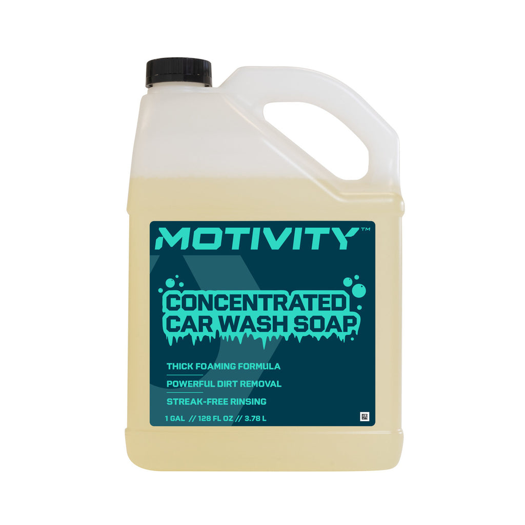 One gallon jug of Motivity concentrated car wash soap for foam cannons and auto detailing