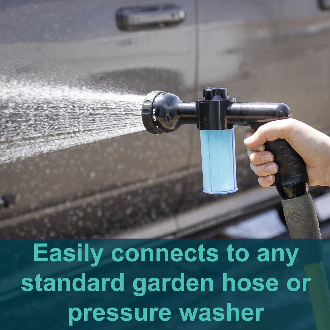Motivity high pressure spray nozzle with soap dispenser foam cannon and thumb control handle — view 4