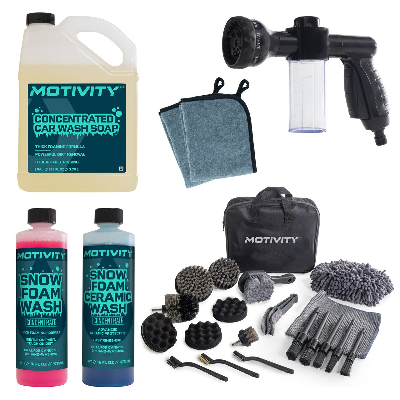 Motivity complete car detailing kit with ceramic foam soap brushes microfiber cloths and spray nozzle
