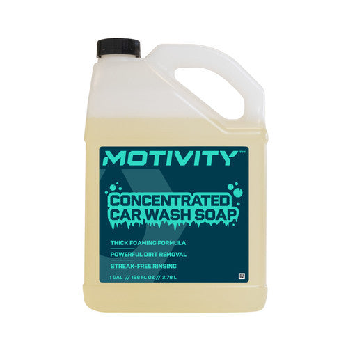 One gallon jug of Motivity concentrated car wash soap for auto detailing and foam cannons.