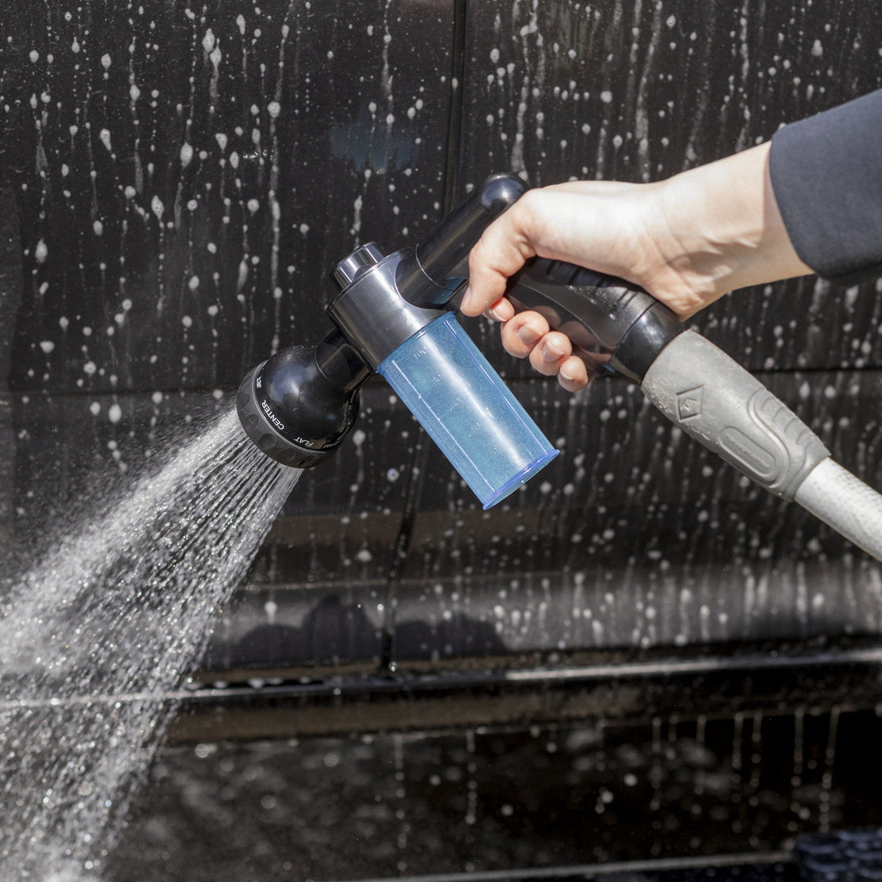 Motivity high pressure spray nozzle with soap dispenser foam cannon and thumb control handle — view 6