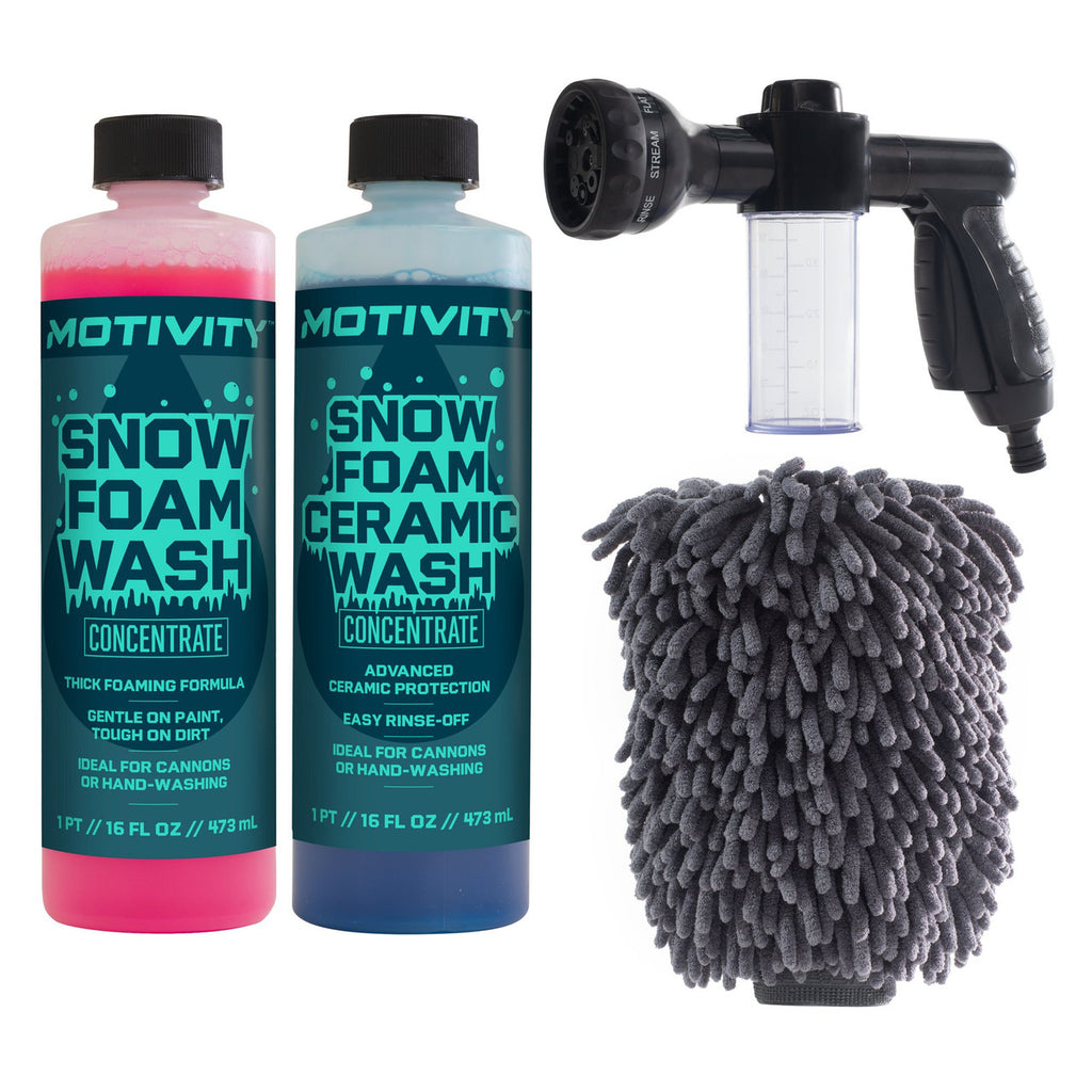 MOTIVITY car wash detailing kit with snow foam soap, ceramic wash, spray nozzle, and microfiber mitt