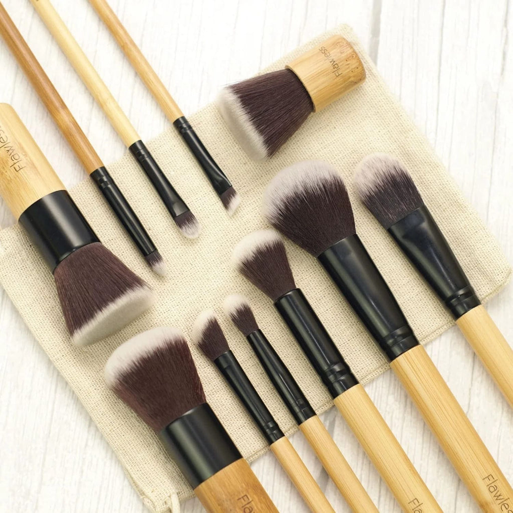 Sustainable 11-piece makeup brush set with bamboo handles and organic cotton storage bag — view 2