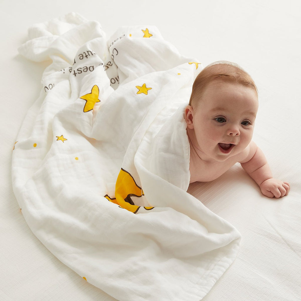 Yellow six-layer cotton baby bath swaddle blanket featuring cute crown and star prints