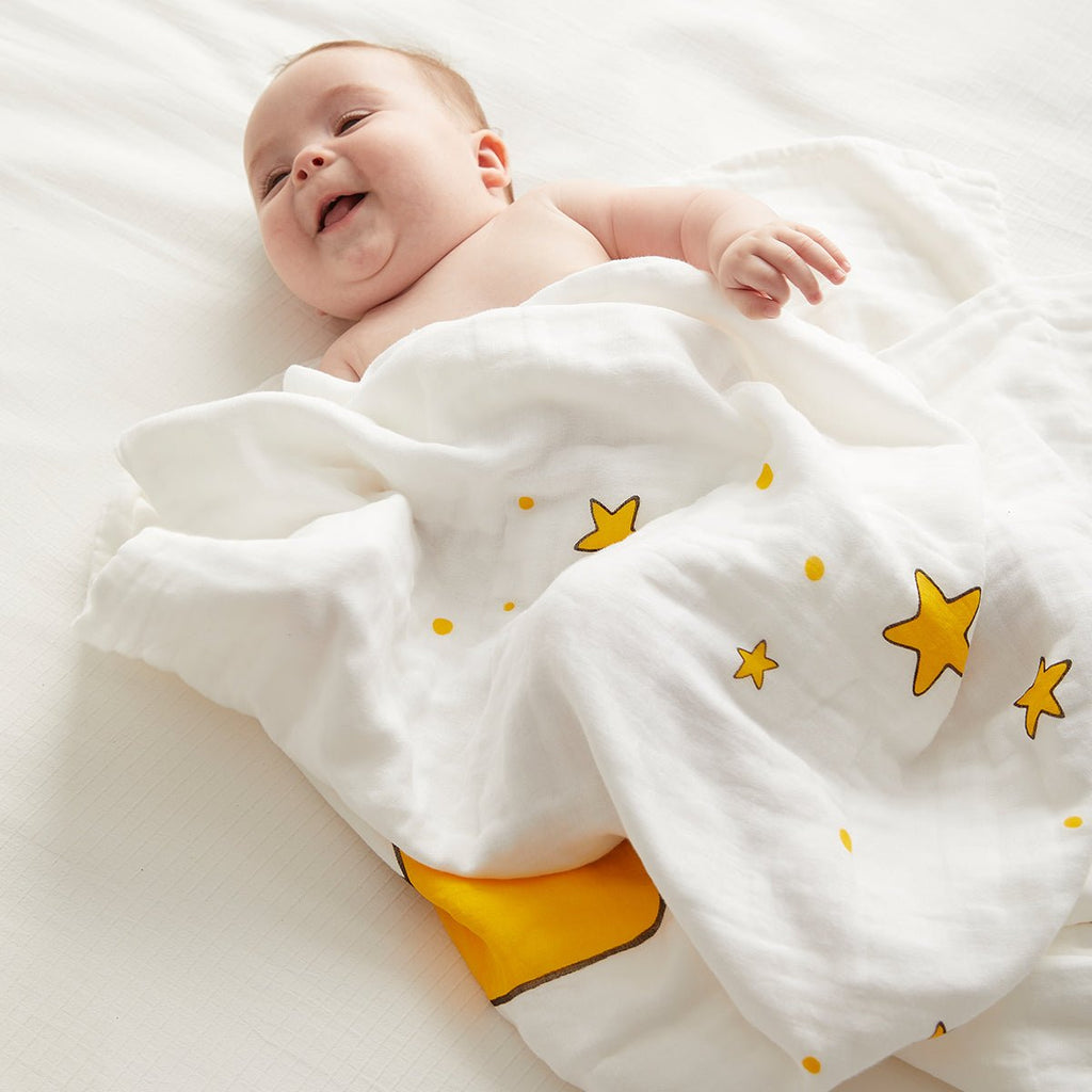 Yellow six-layer cotton baby bath swaddle blanket featuring cute crown and star prints — view 3