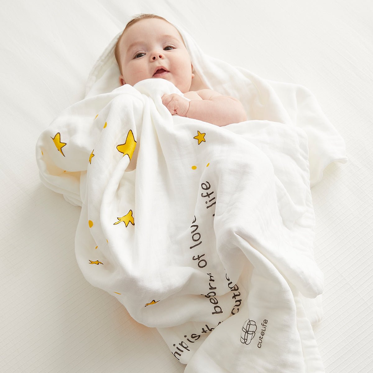 Yellow six-layer cotton baby bath swaddle blanket featuring cute crown and star prints — view 2