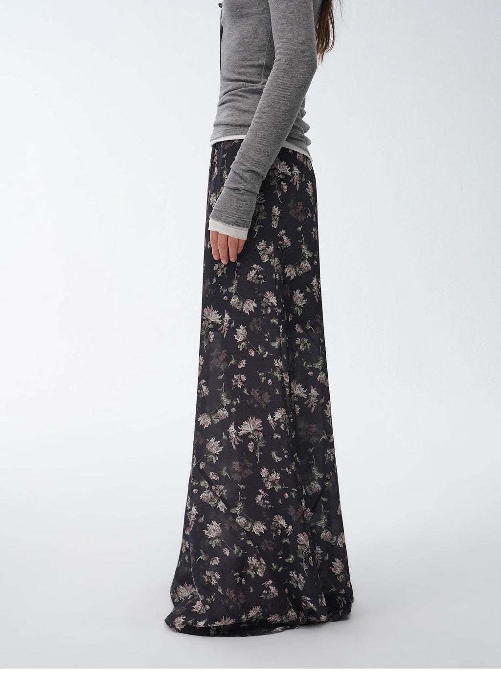 Gallery Dusse vintage floral print straight draped skirt featuring lightweight breathable fabric and silky luster — view 4