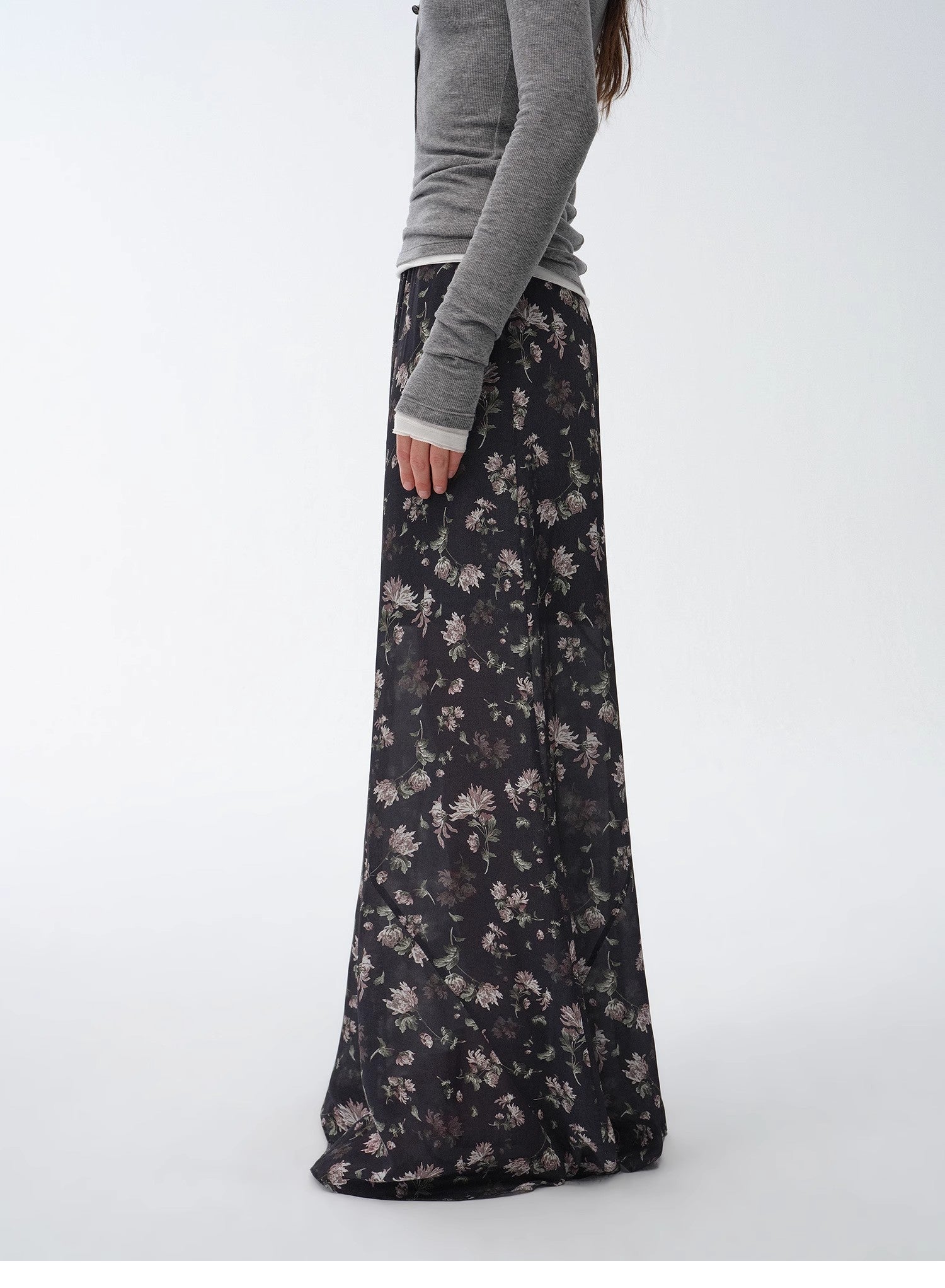 Gallery Dusse vintage floral print straight draped skirt featuring lightweight breathable fabric and silky luster — view 4