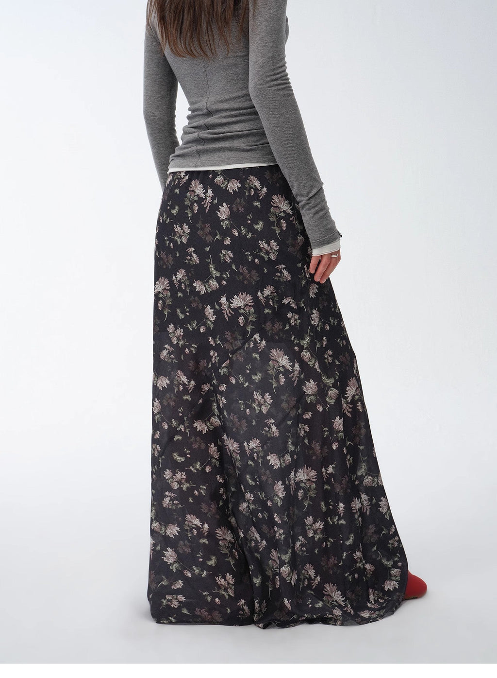 Gallery Dusse vintage floral print straight draped skirt featuring lightweight breathable fabric and silky luster — view 5