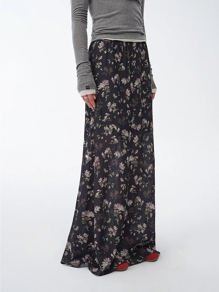 Gallery Dusse vintage floral print straight draped skirt featuring lightweight breathable fabric and silky luster — view 3