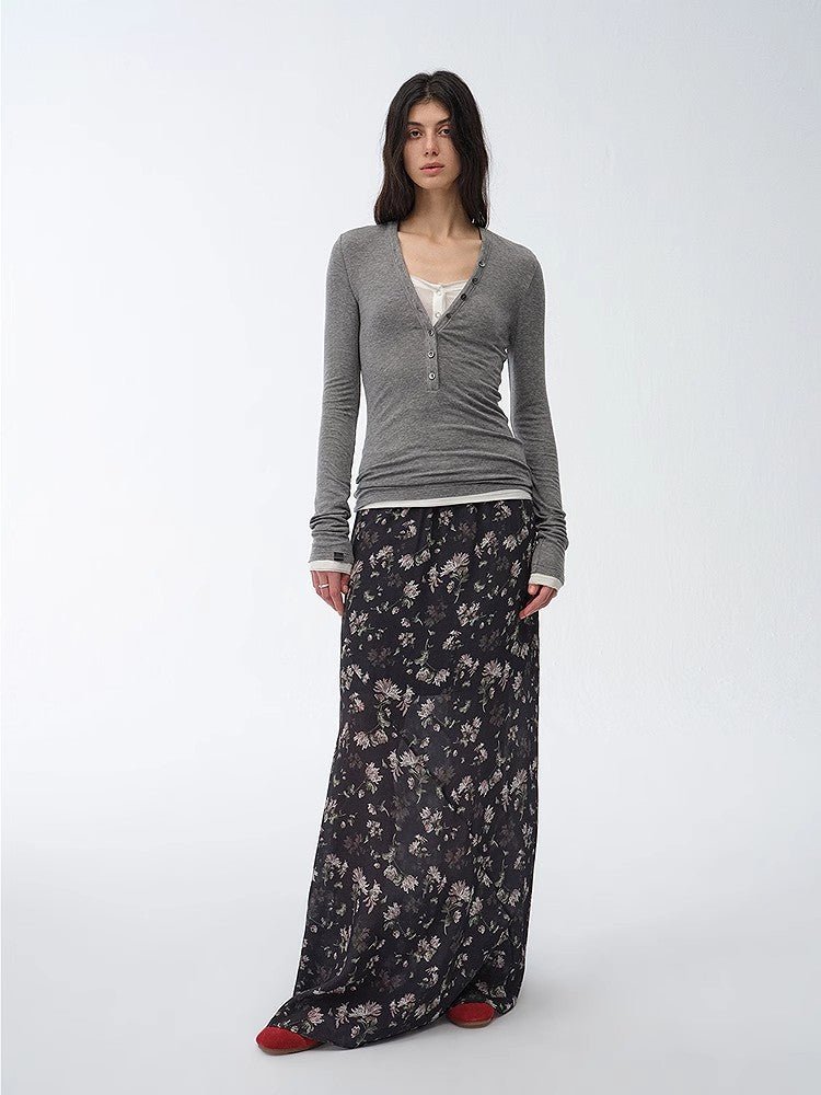 Gallery Dusse vintage floral print straight draped skirt featuring lightweight breathable fabric and silky luster — view 2