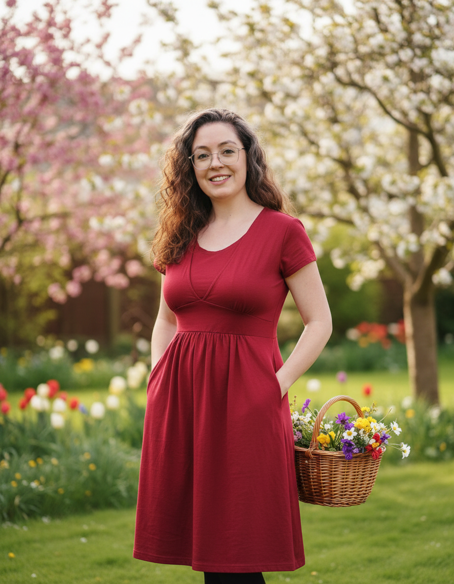 Burgundy red cotton breastfeeding dress with smock silhouette and hidden nursing panels — view 2
