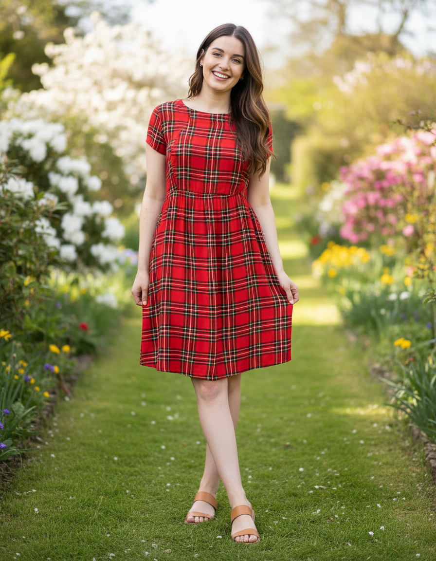 Red tartan breastfeeding dress with short sleeves and knee length cut in cotton blend — view 3