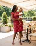 Knee length red leopard print breastfeeding dress with short sleeves and hidden nursing zips