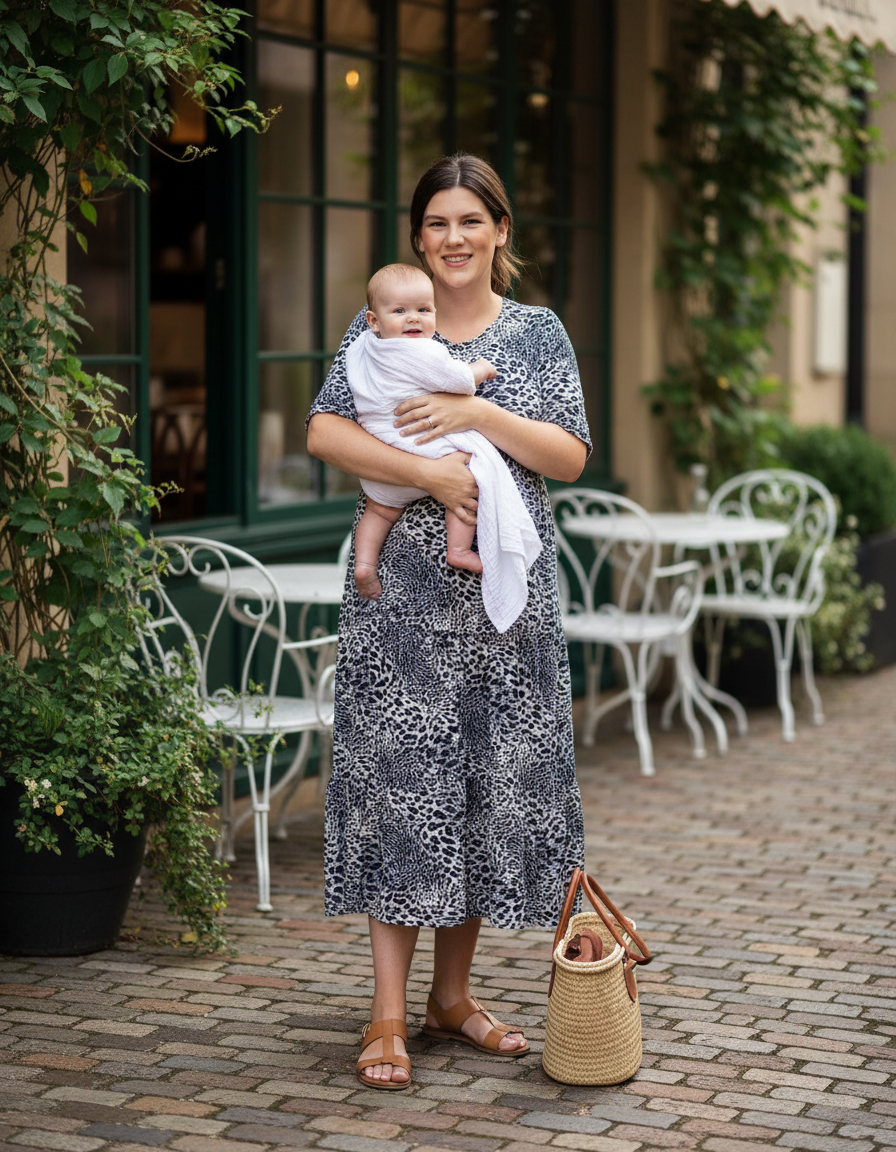 Grey leopard print cotton breastfeeding midi dress with a smock fit and hidden zips