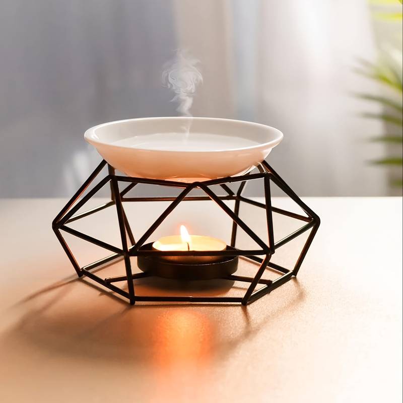 Geometric Metal Wax Burner With Ceramic Dish-1