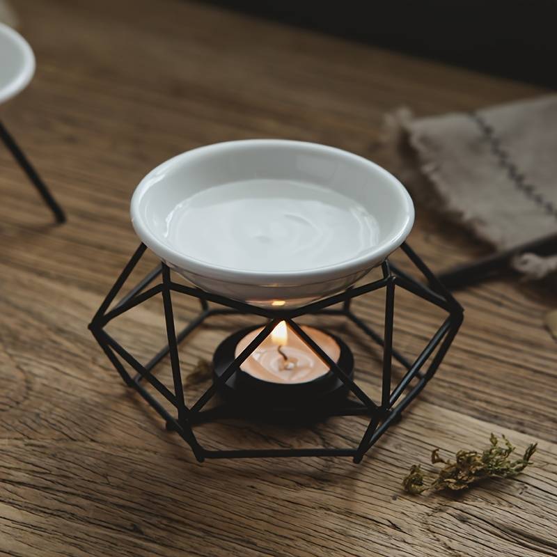 Geometric Metal Wax Burner With Ceramic Dish-2