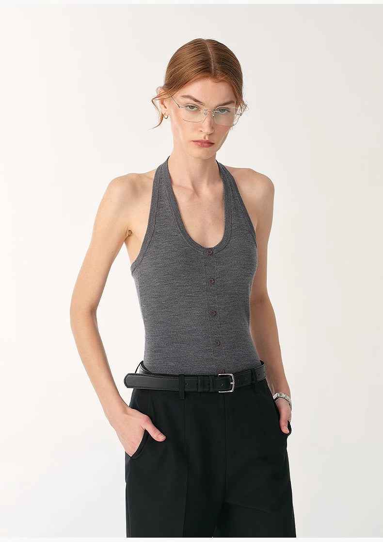 Women's slim fit halter neck wool jumpsuit with front shell buttons and snap closure — view 4