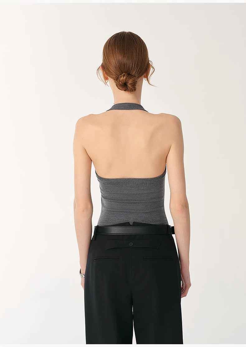 Women's slim fit halter neck wool jumpsuit with front shell buttons and snap closure — view 5