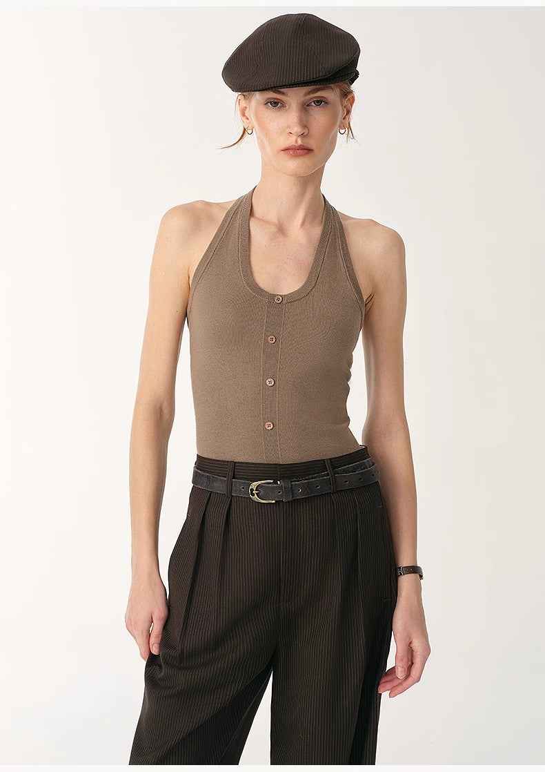 Women's slim fit halter neck wool jumpsuit with front shell buttons and snap closure — view 3