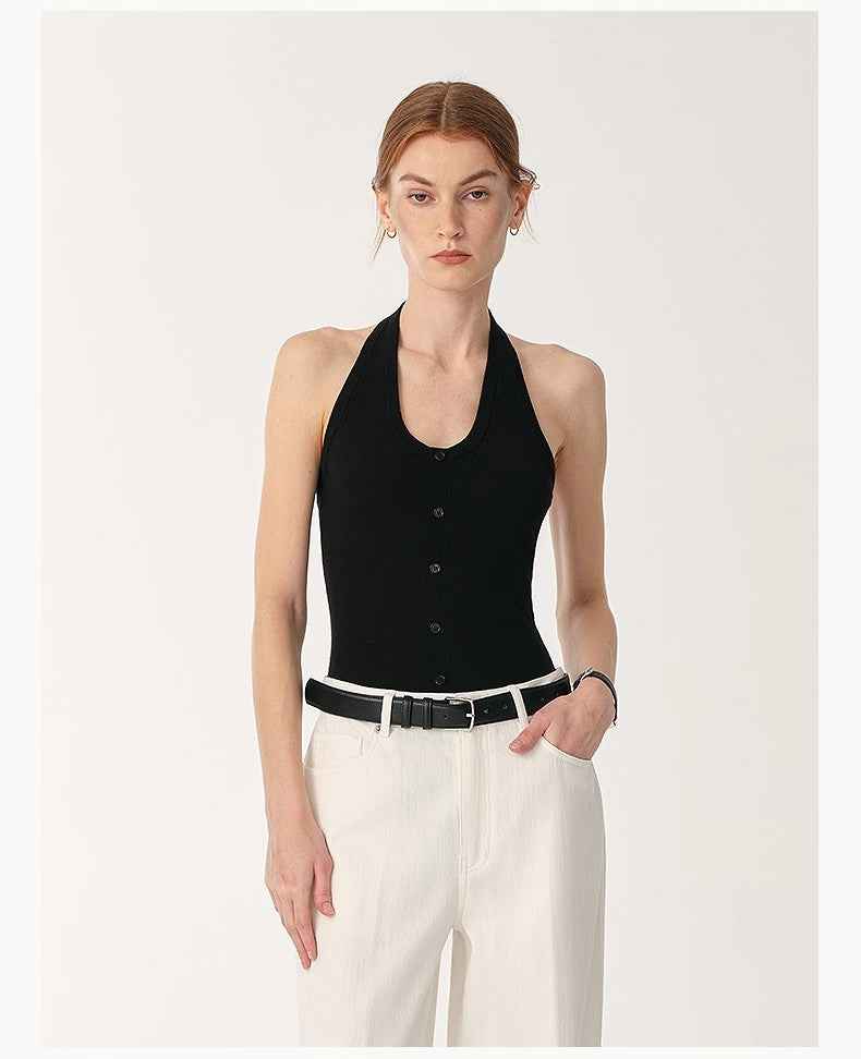 Women's slim fit halter neck wool jumpsuit with front shell buttons and snap closure