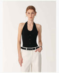 Women's slim fit halter neck wool jumpsuit with front shell buttons and snap closure