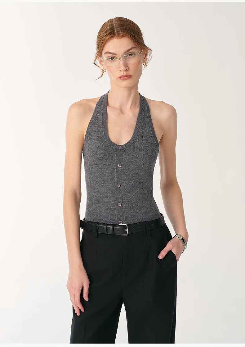 Women's slim fit halter neck wool jumpsuit with front shell buttons and snap closure — view 2