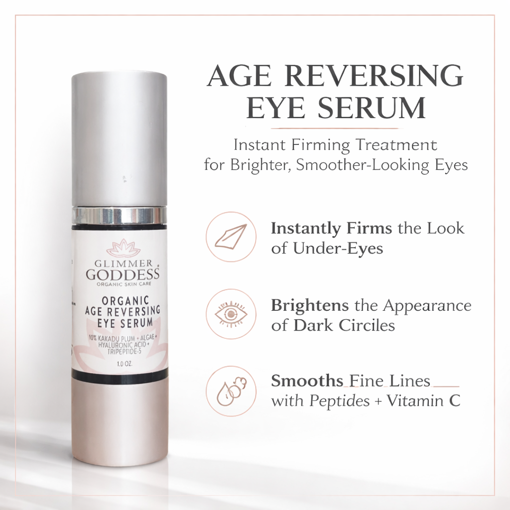 Organic age reversing eye serum bottle with vitamin C and peptides for dark circles