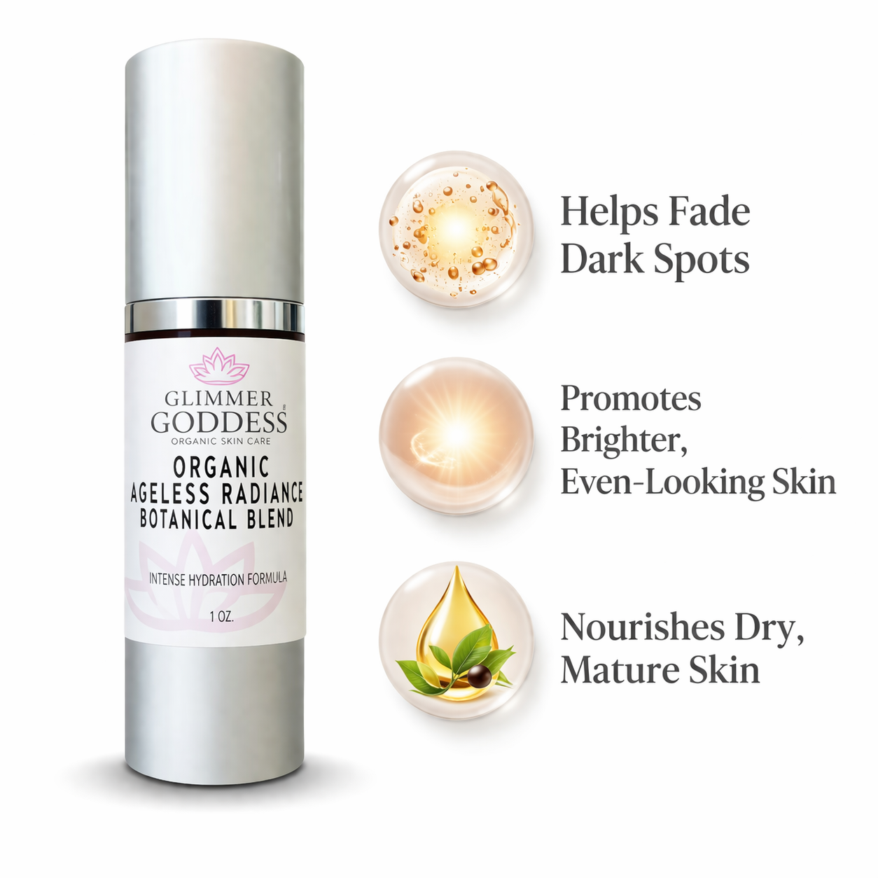 Organic skin brightening serum and dark spot treatment in a protective airless pump bottle