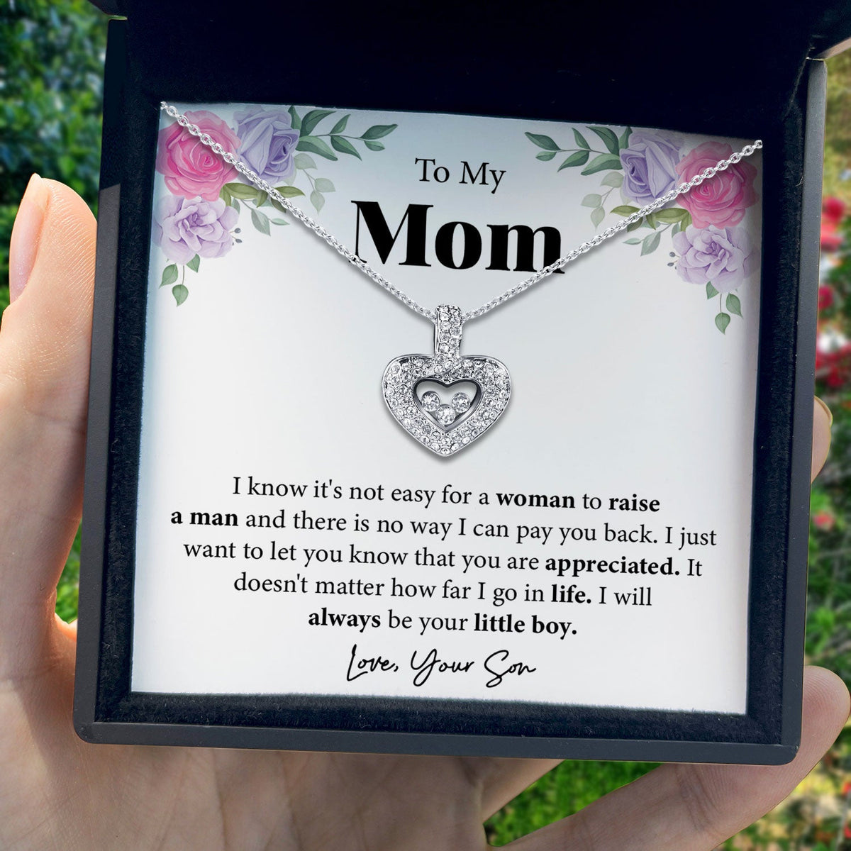 To My Mom - Love, Your Son - Tryndi Floating Heart Necklace-1